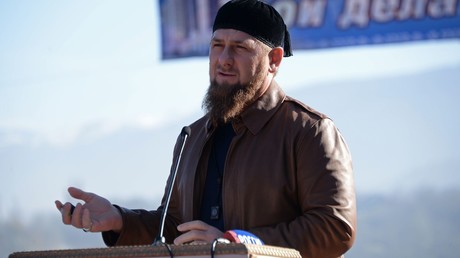 Head of the Chechen Republic Ramzan Kadyrov, center, addresses the ceremony to unveil a bridge over the Argun River near Chishki village in Grozny District of the Chechen Republic © Said Tsarnaev
