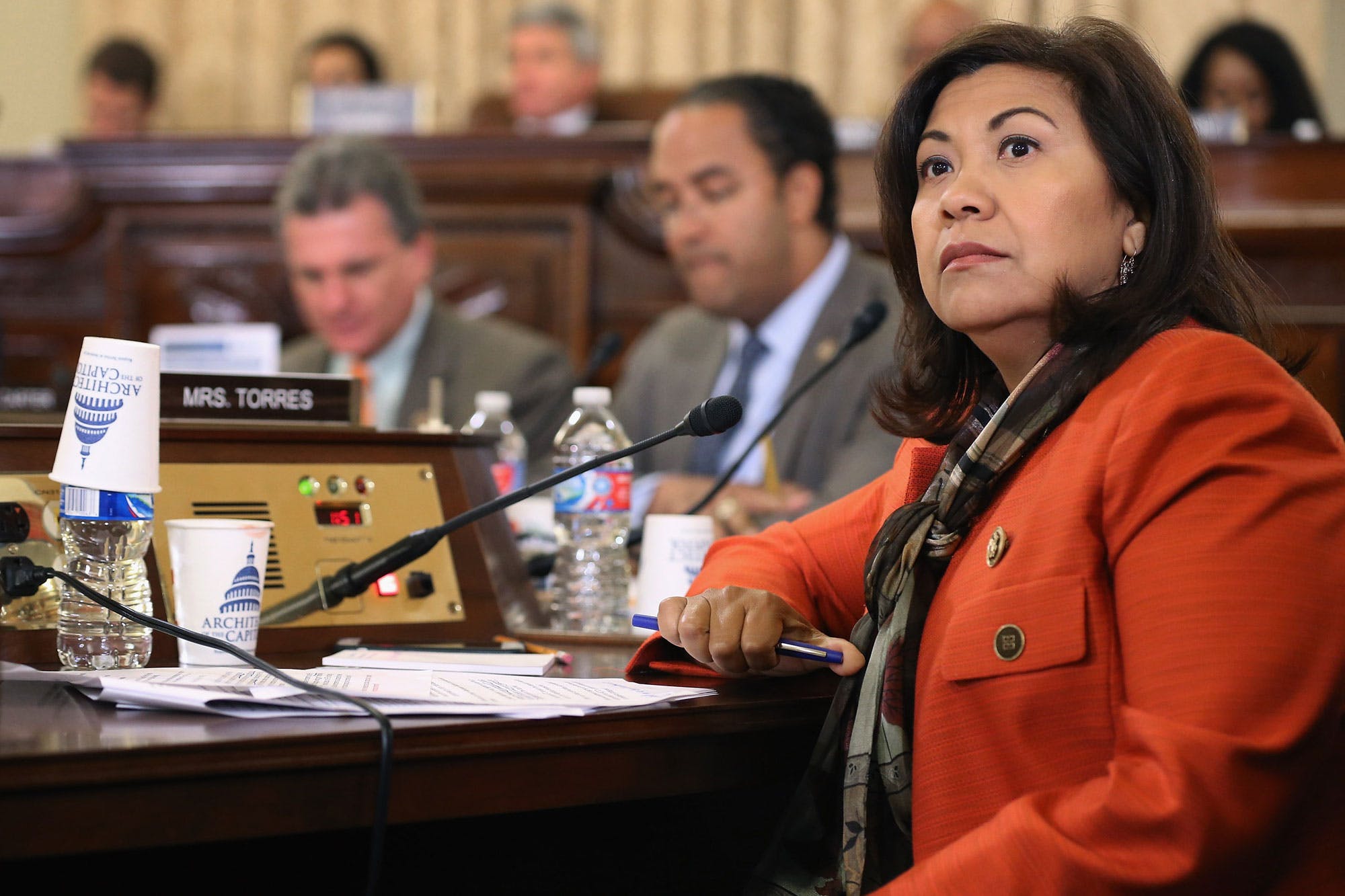 WASHINGTON, DC - OCTOBER 21:  House Homeland Security Committee member Rep. Norma Torres (D-CA) questions witnesses during a hearing about worldwide threats to the United States in the Cannon House Office Building on Capitol Hill on October 21, 2015 in Washington, DC. National Counterterrorism Center Director Nicholas Rasmussen, Homeland Security Secretary Jeh Johnson and Federal Bureau of Investigation Director James Comey were questioned about ISIS recruitment of young women, its use of social media and their limited resources due to budget sequestration.  (Photo by Chip Somodevilla/Getty Images)