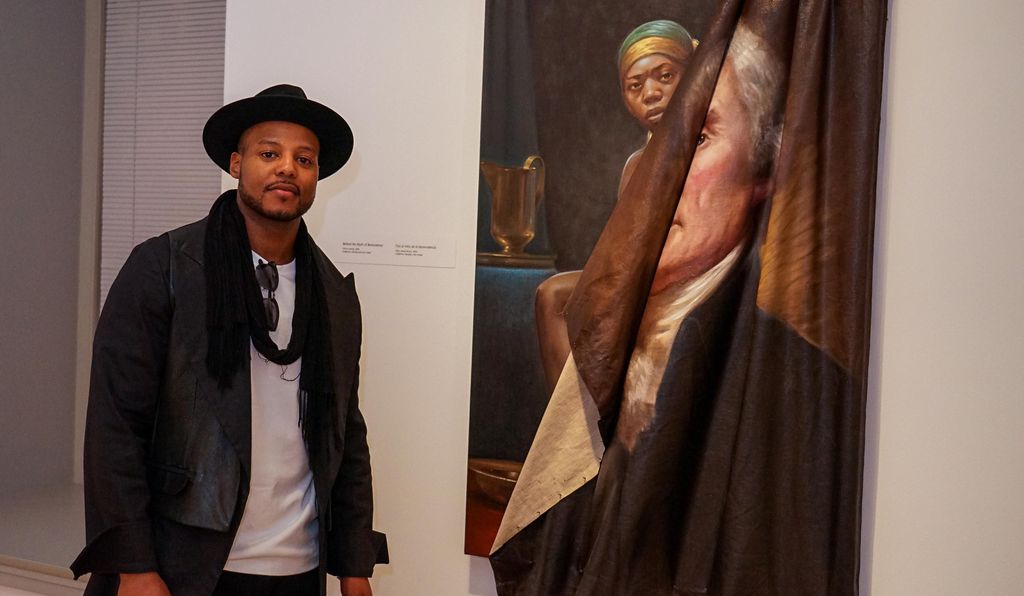 Artist Titus Kaphar (above, with his 2014 <em>Behind the Myth of Benevolence</em>) can ” rip something down to the studs and then show us beams framework make understand deeper issues says curator asma naeem.></noscript></span><figcaption class=