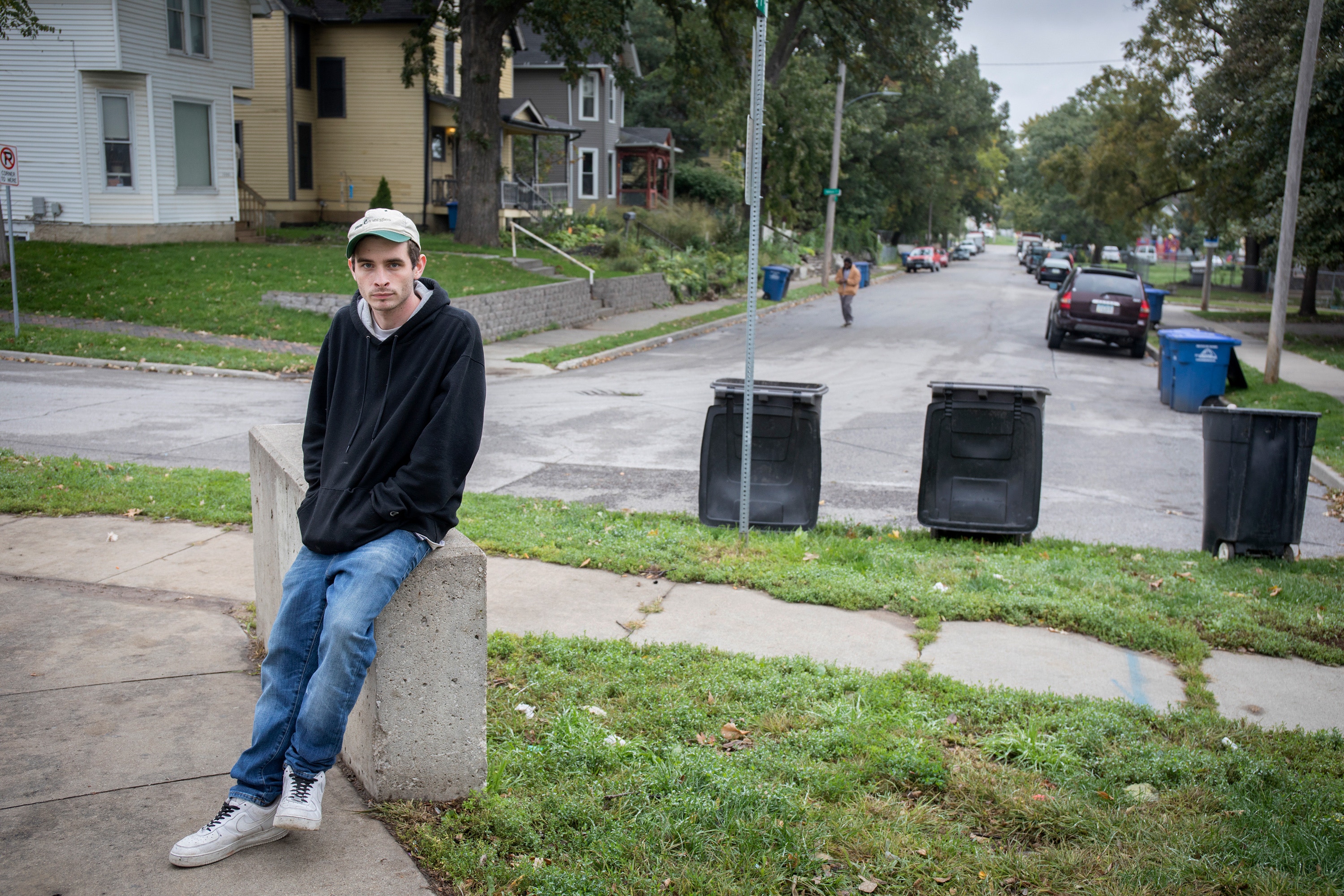 Jesse Horne stands in front of a house occupied by Catholic Workers on Oct. 5, 2018, in Des Moines, Iowa. He lived there but was kicked out of after being accused of being an infiltrator of the anti-Dakota Access pipeline movement. After being thrown out, Jess was homeless and often walked around the neighborhood near downton Des Moines, Iowa. (Rachel Mummey for The Intercept).