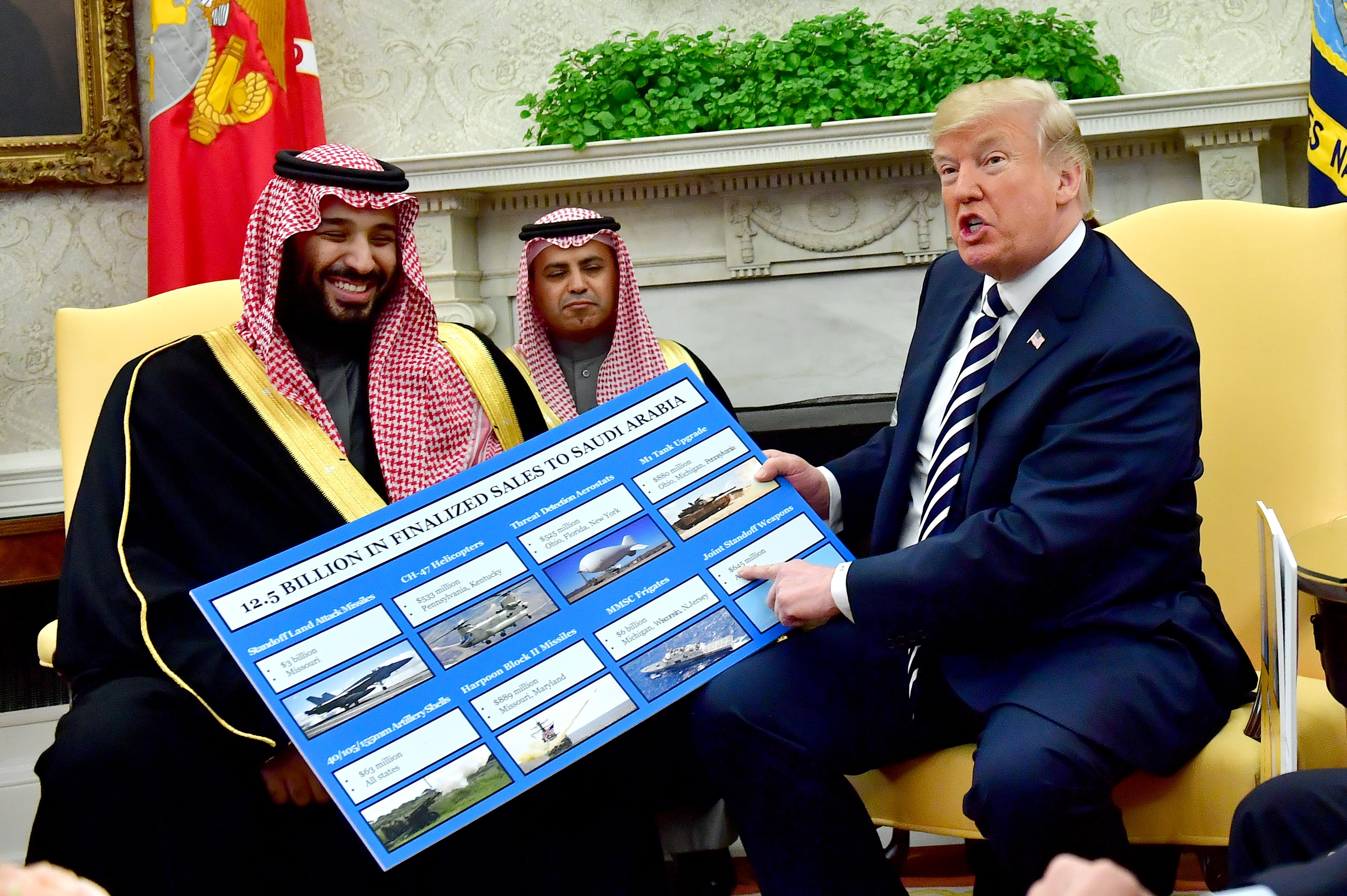 WASHINGTON, DC - MARCH 20: President Donald Trump (R) holds up a chart of military hardware sales as he meets with Crown Prince Mohammed bin Salman of the Kingdom of Saudi Arabia in the Oval Office at the White House on March 20, 2018 in Washington, D.C. (Photo by Kevin Dietsch-Pool/Getty Images)