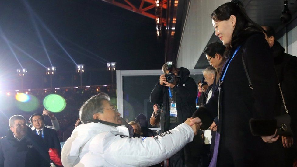 Kim Yo Jong (R, the sister of the North Korean leader) shakes hand with South Korea"s President Moon Jae-in during the opening ceremony of the Pyeongchang 2018 Winter Olympic Games at the Pyeongchang Stadium on February 9, 2018.