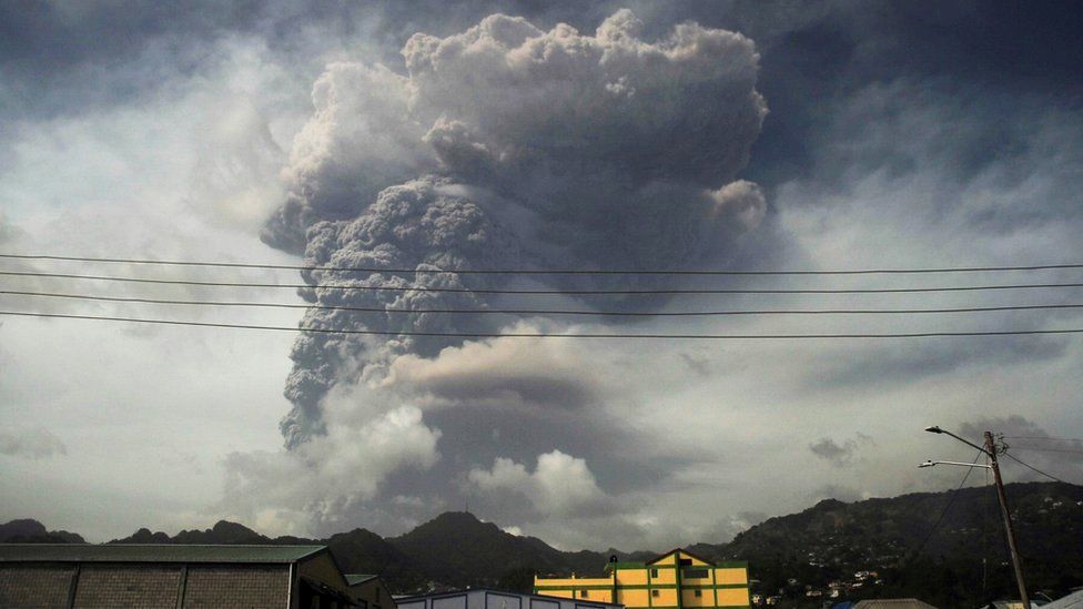 Ash and smoke billow as the La Soufrière volcano erupts in Kingstown on the eastern Caribbean island of St Vincent