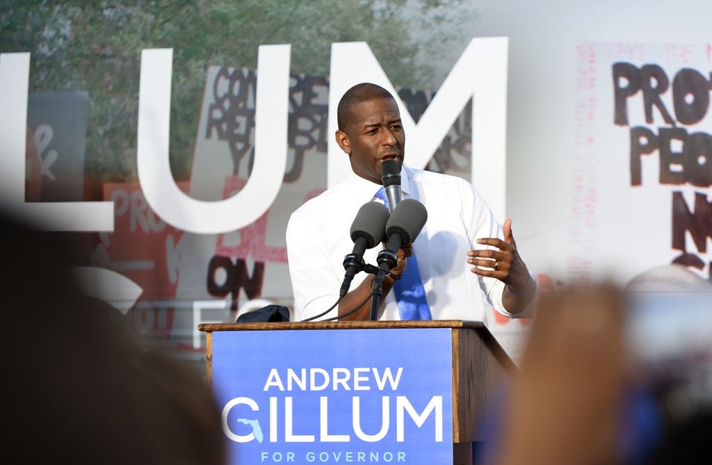 Florida Democratic gubernatorial nominee, Tallahassee Mayor Andrew Gillum, speaks to supporters at a rally on October 28, 2018 at Osceola Heritage Park in Kissimmee, Florida. With the election just over a week away, most polls give Gillum a slim lead over his GOP opponent, Ron DeSantis, in the Florida governor's race.  (Photo by Paul Hennessy/NurPhoto via Getty Images)
